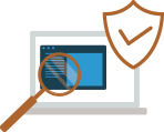 icone de um notebook com uma lupa de pesquisa e um escudo